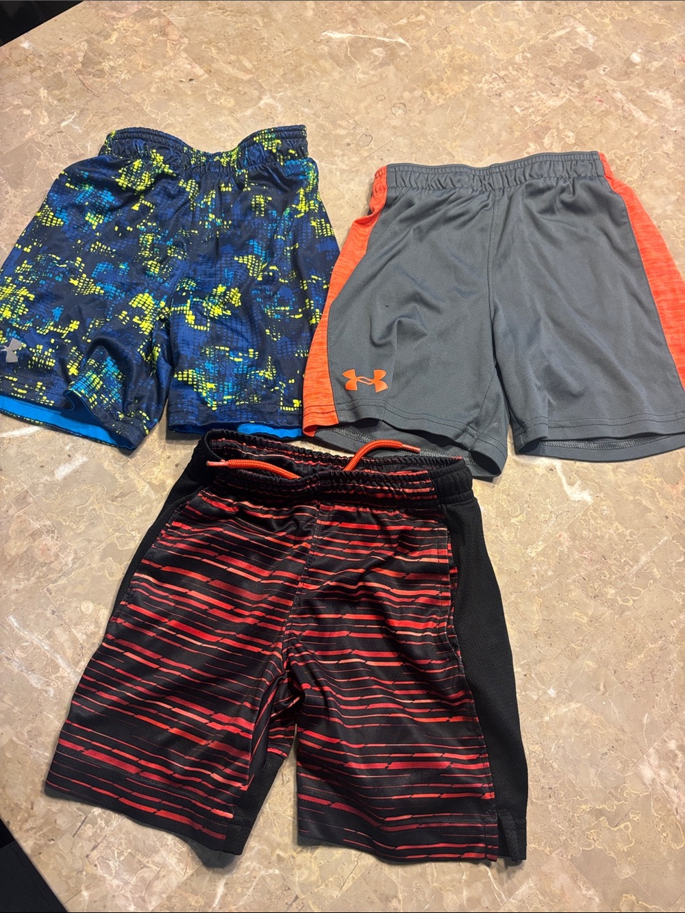 Under Armour Boys 3-Pack Athletic Shorts in Gray, Blue, Red/Orange